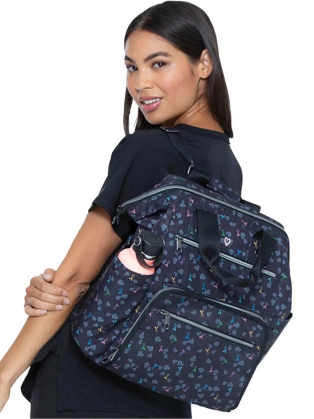 HeartSoul Bella Convertible Backpack Tote Bag Awareness Ribbons Hearts Black